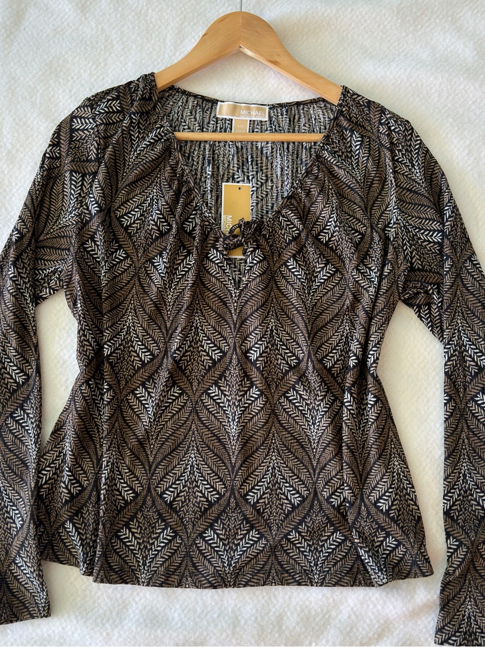 Michael Kors Brown and Cream Leaf-Pattern Long Sleeve Top